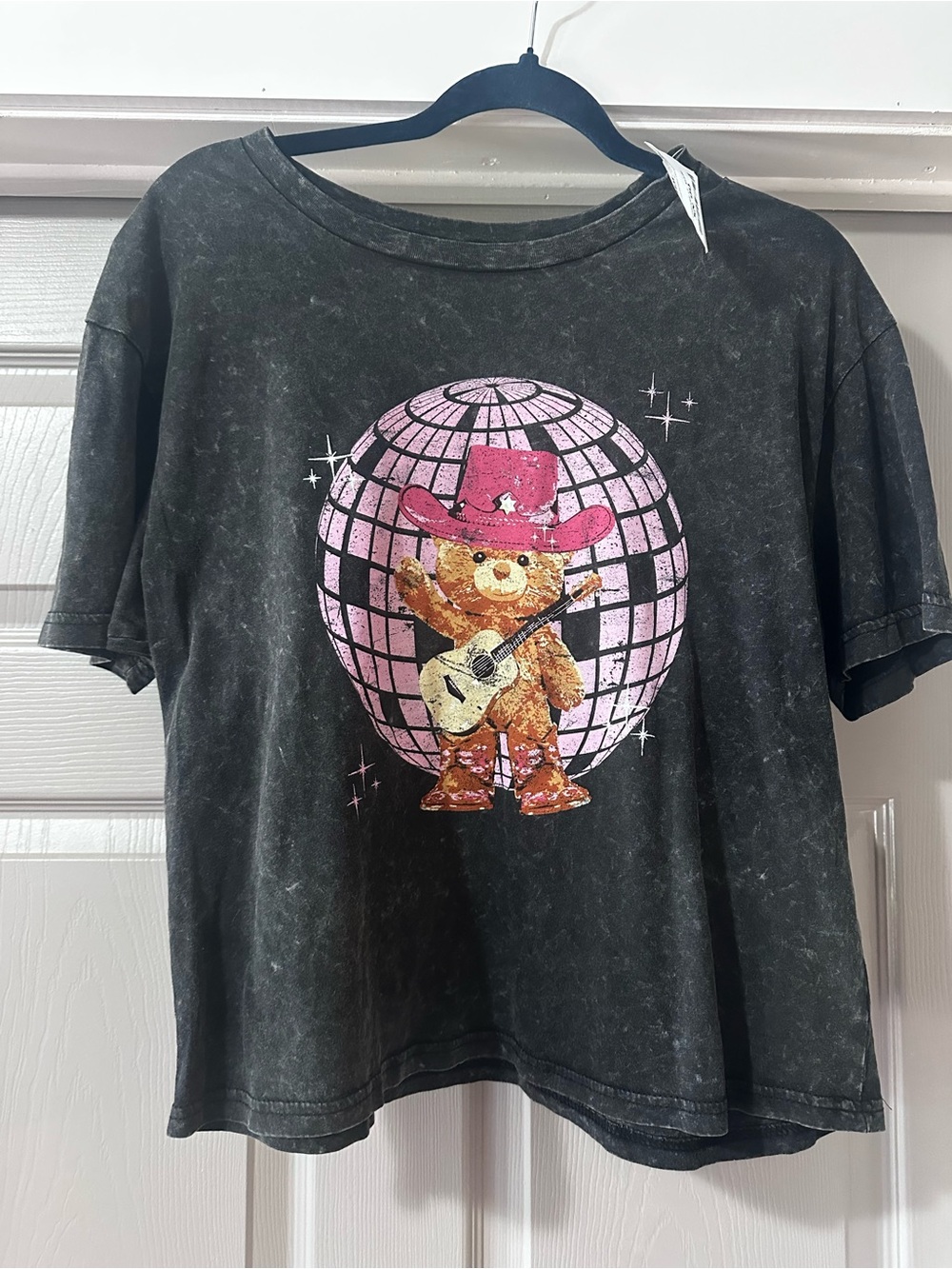 Rebellious One Black Crop Tee with Pink Disco Bear Graphic